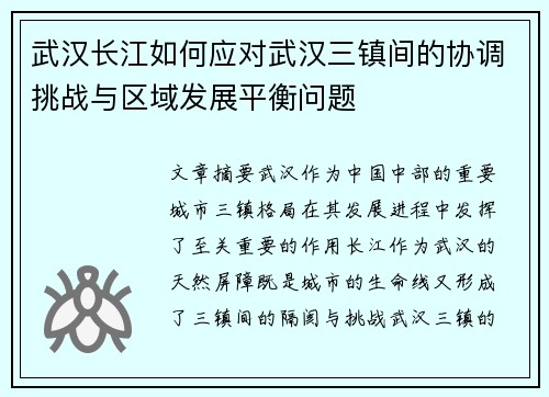 武汉长江如何应对武汉三镇间的协调挑战与区域发展平衡问题