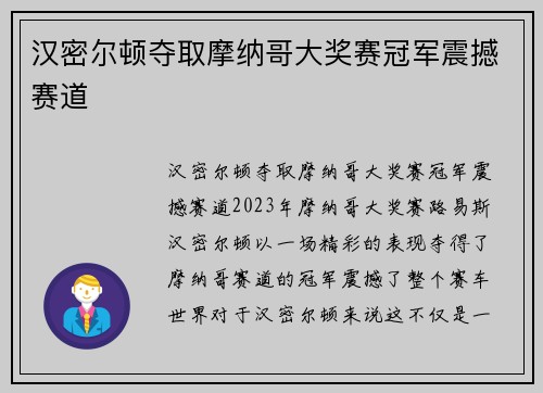 汉密尔顿夺取摩纳哥大奖赛冠军震撼赛道