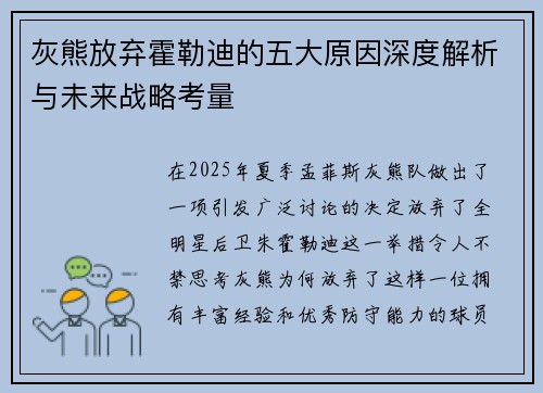 灰熊放弃霍勒迪的五大原因深度解析与未来战略考量